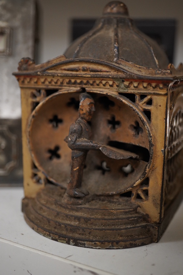 Six various metalware money boxes to include a ‘cannonball’ money box, a ‘safe’ money box, a George V ‘Royal Bank’ money box etc. 19th century and later. Condition - fair